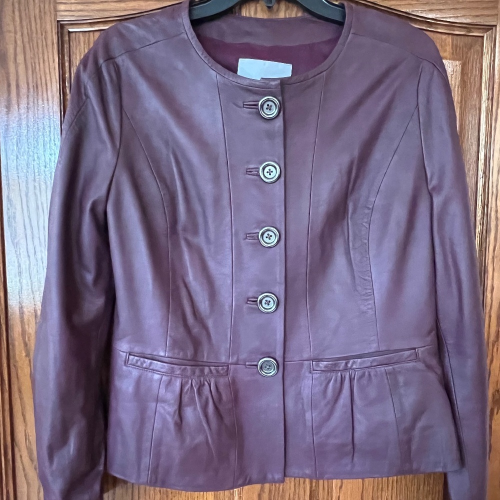 NWT Classiques Entier Burgundy/Plum Leather peplum Jacket